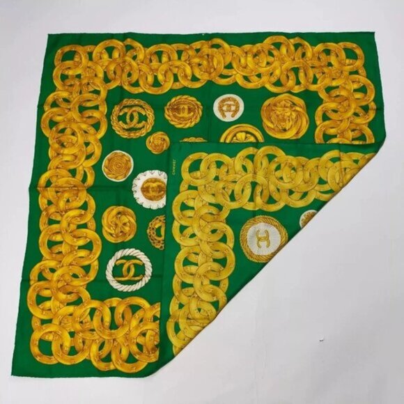 Chanel Scarf Greens And Gold Silk 100% 201-082825 - Picture 2 of 9
